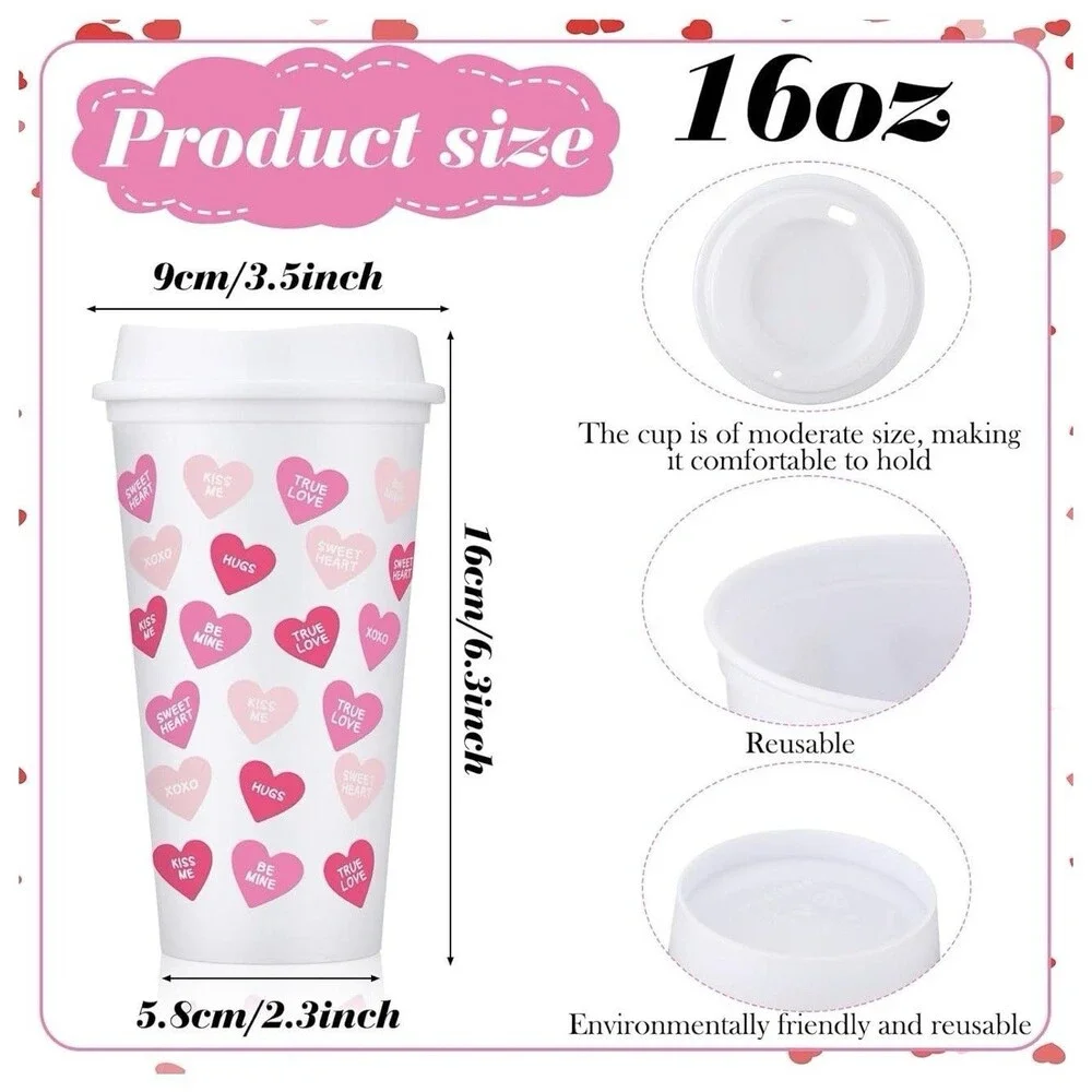 Bokon 12 Pcs Valentine's Day Cups with Lids Conversation Heart Cups 16oz